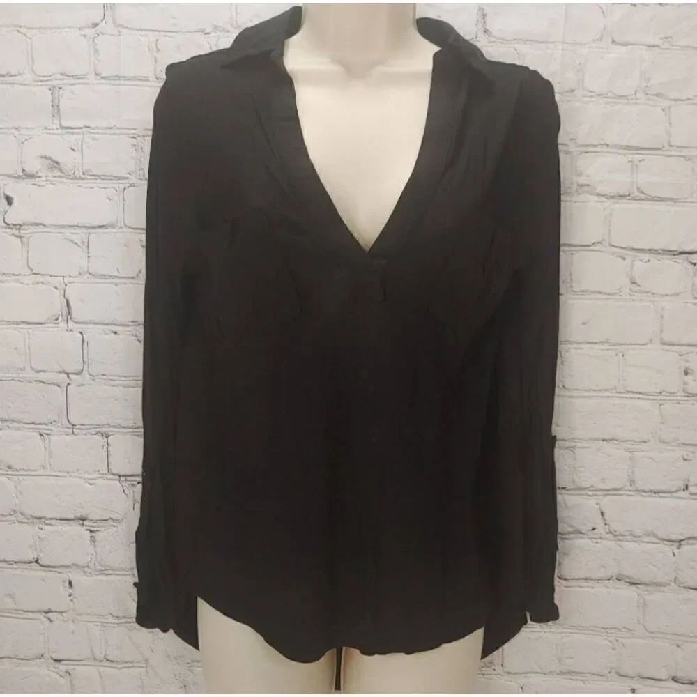 Dear John Women's Size Small Black 100% Rayon Hi-Lo Roll Tab Sleeve Blouse